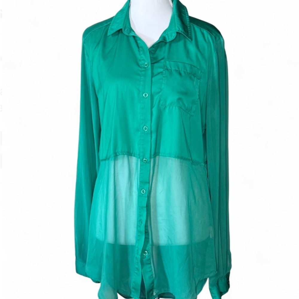 Free People Teal Sheer Button-Down Blouse – Size Small